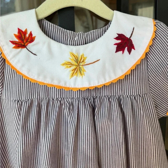 Fall leaves smock dress embroidered short sleeve autumn long toddler girl bow - Picture 3 of 3